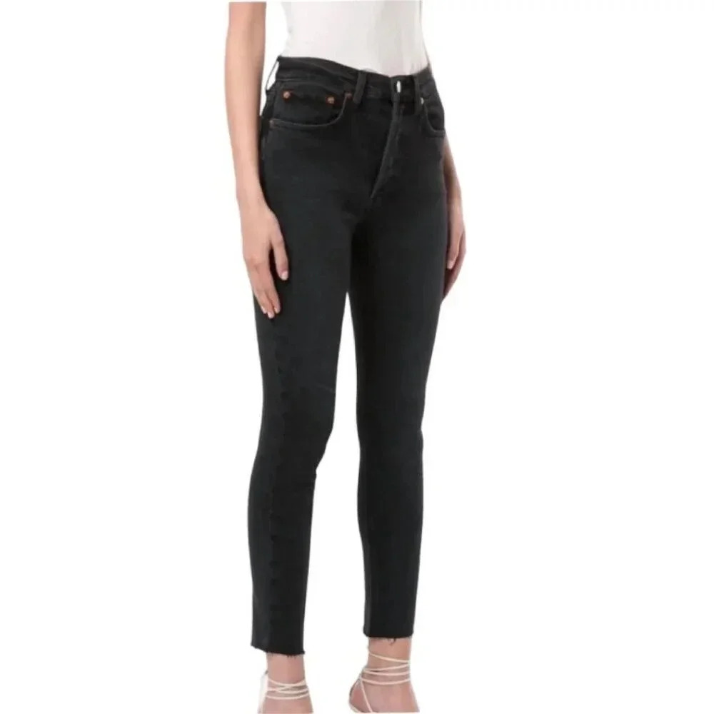 Re/Done Black Ankle Crop High-Rise Skinny Jeans